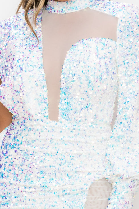 One Shoulder Draped Sequin Mini Dress - White - SohoGirl.com